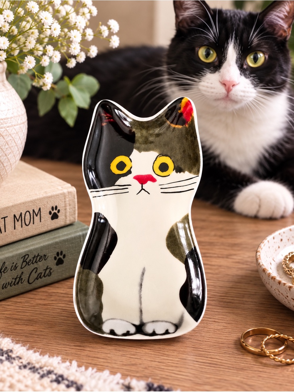 Ecoute! Minette Tuxedo Cat Ceramic Trinket Dish Ring Holder